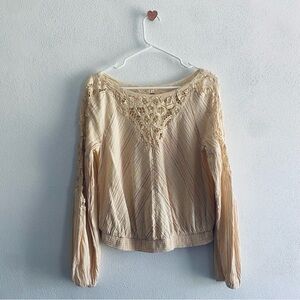 Free People Cream Smocked Striped Blouse